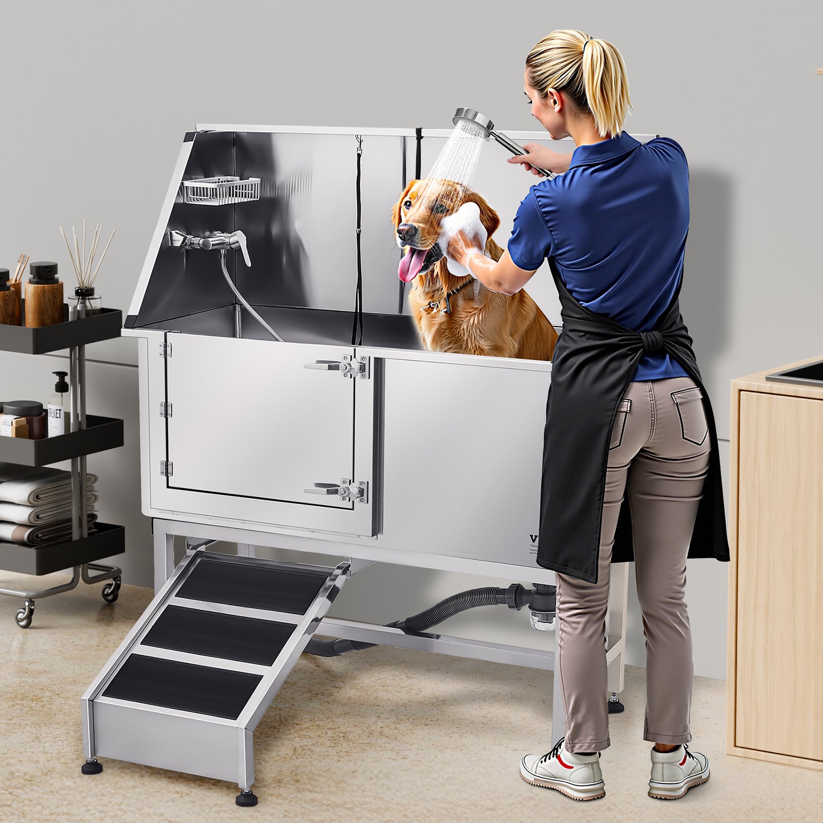 Dog Grooming Bath Tub Stainless Steel W Ramp Water Filter Left — image 1