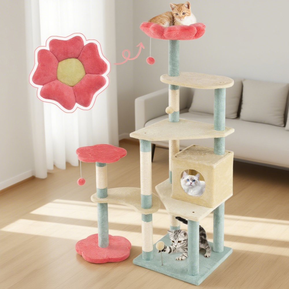 Torre de Gatos Multinivel con Estilo Floral y Perchas Acabadas con Flores — imagen 1