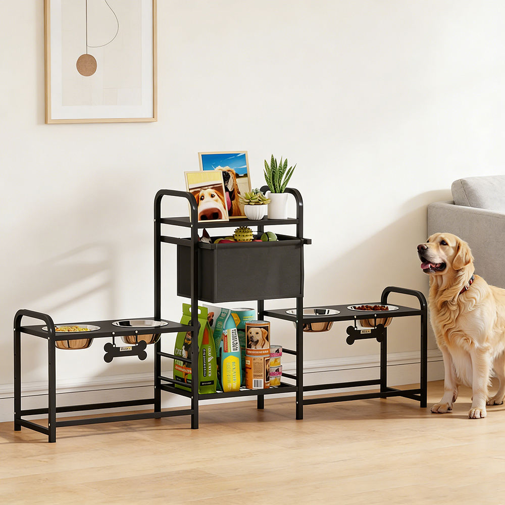 Soporte para Comederos de Perro con 3 Alturas Ajustables, Tela Oxford, Incluye Cuatro Tazones y Cesta para Juguetes — imagen 1