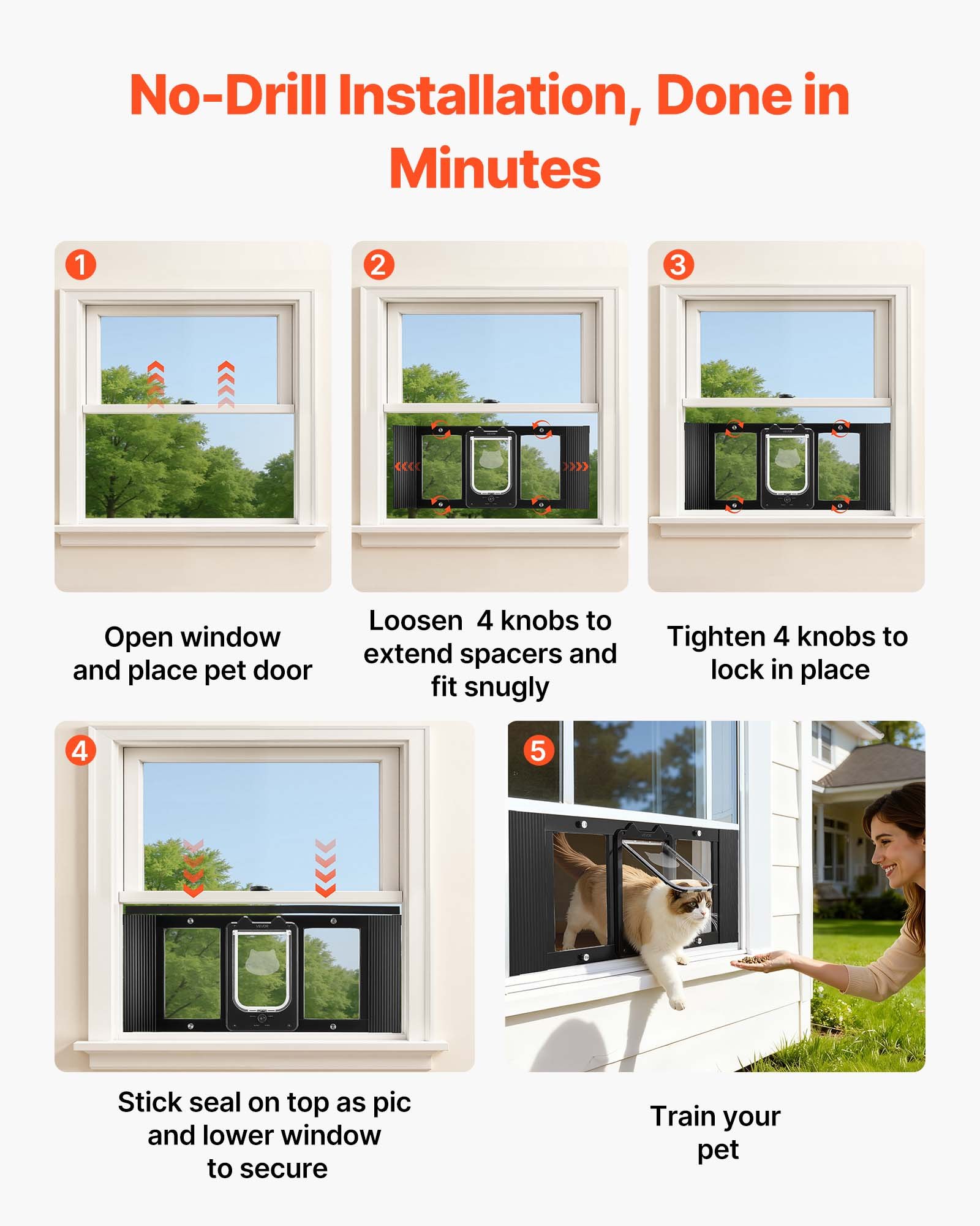 Puerta para Gatos en la Ventana, Ajustable 31"-36", 4 Modos de Bloqueo Seguros, Estructura de Aluminio y Vidrio de Alta Transparencia, Cierre Magnético, Puerta Rápida y Resistente al Tiempo para Mascotas, Negro — imagen 5