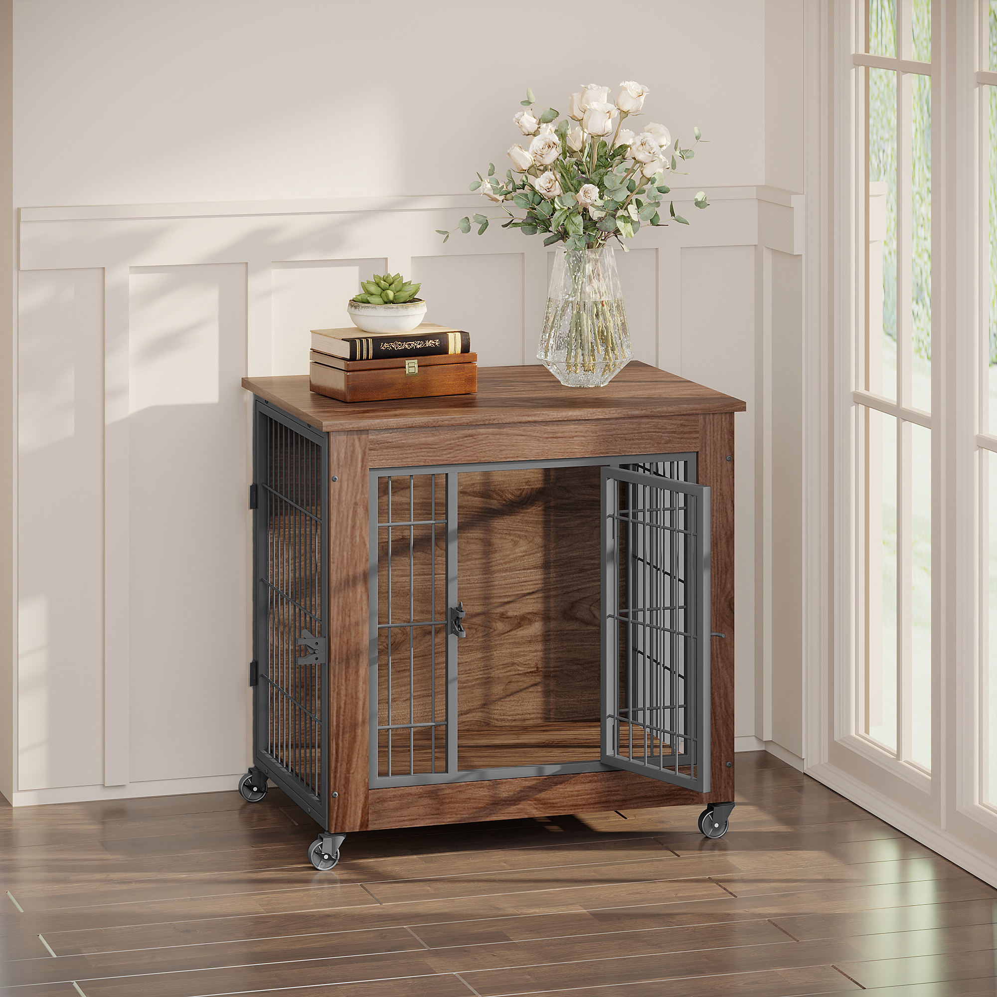 Jaula de Madera Tipo Mueble para Perros de 27.2" con Ruedas para Perros Pequeños, Jaula para Perros Resistente de Interior con 2 Puertas, Mesa Auxiliar con Jaula para Mascotas, Jaula Metálica de Doble Puerta para Perros con Ansiedad — imagen 5