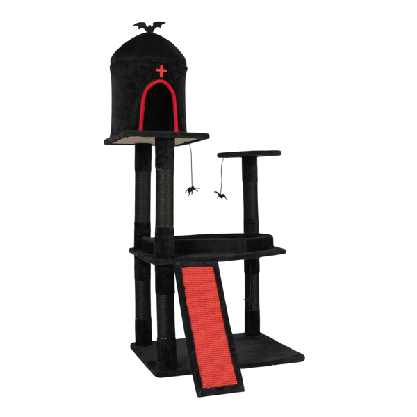 Árbol Gótico para Gatos con Caja de Tumba, Torre para Gatos Grande con Condo Espacioso, Postes de Rasguñado, Juguetes Colgantes de Araña, Tablero de Rasguñado, Mobiliario de Actividades para Gatos de Gran Tamaño en Rojo y Negro — imagen 9