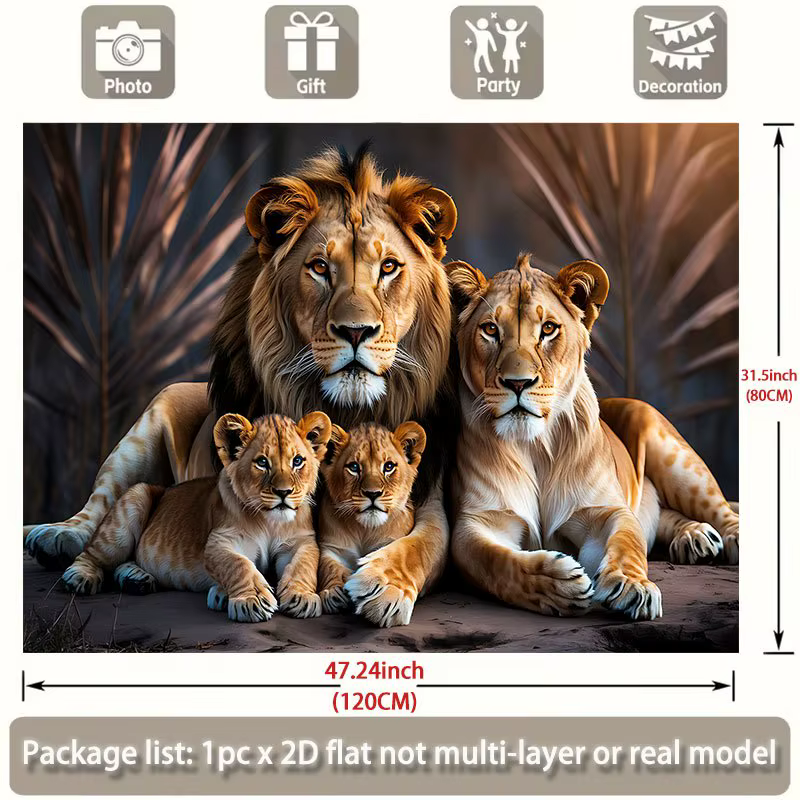 Tapiz Plano 2D, Retrato de Familia de Leones Cachorros y Adultos, Vida Silvestre Safari, Regalo para Amantes de los Animales, Decoración de Pared para Habitación Infantil, Naturaleza Africana — imagen 3