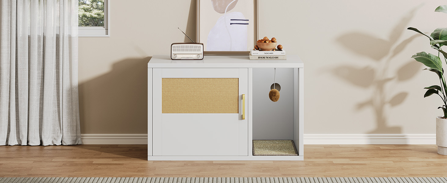 Caja de Limpieza para Gatos Multifuncional de Diseño Blanco Moderno Casa para Gatos con Lavabo y Mesa de Sílabo para Dormitorio y Salón — imagen 28