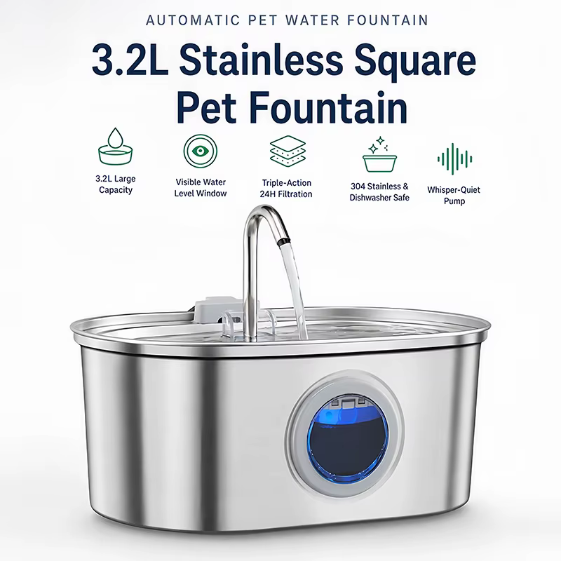 Fuente de Agua para Mascotas 3.2L Capacidad Grande 304 Acero Inoxidable 3. Nivel de Agua LED, Triple Filtración, Bomba Silenciosa, para Gatos y Perros — imagen 1