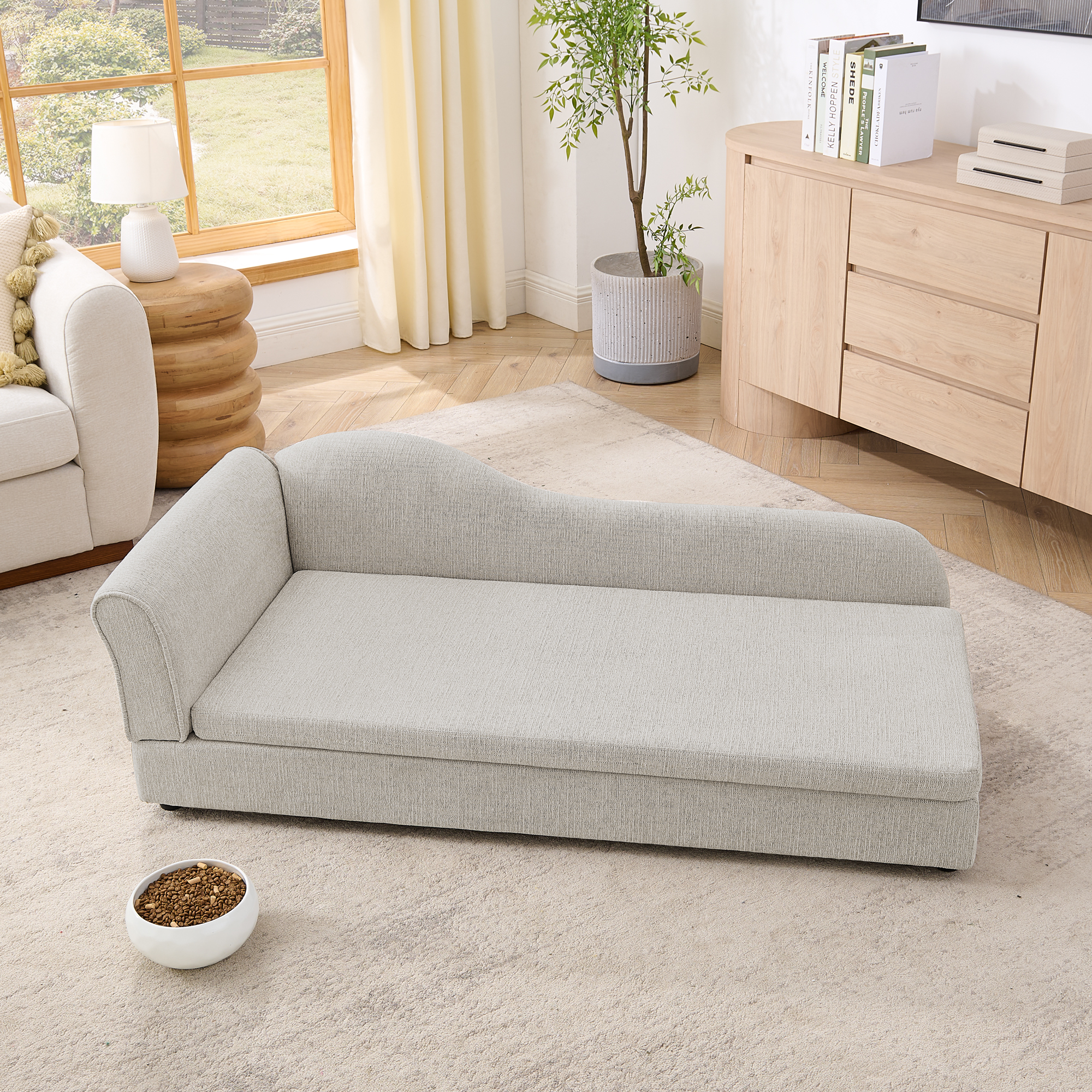 Silla de Descanso para Perros Grandes - Espalda Onda Irregular Moderna, Un Brazo, Tela de Lino Transpirable y Rebotones Suaves - Beige — imagen 2