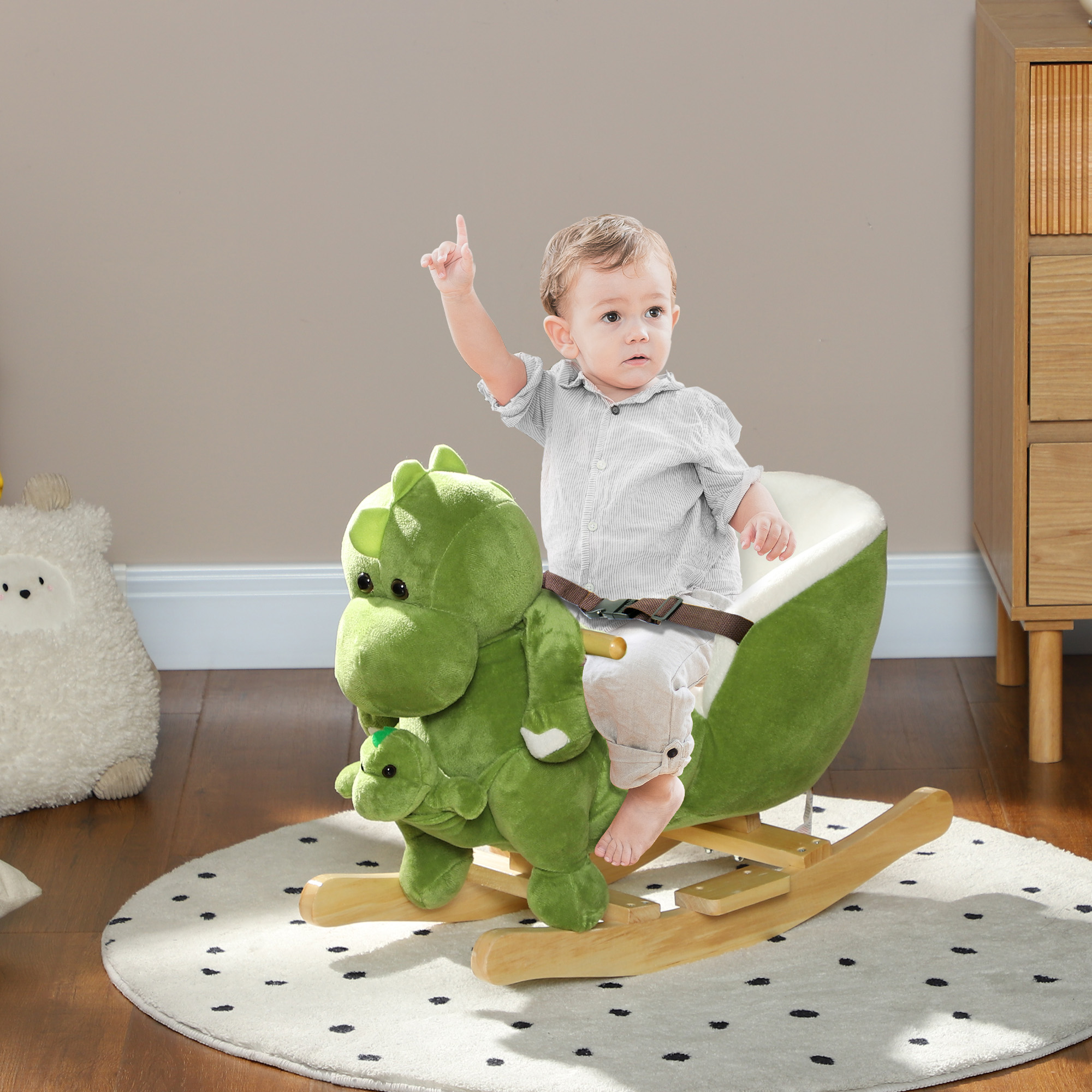 Caballo de Madera con Dinosaurio, Cinturón de Seguridad y 32 Canciones para Niños de 18 a 36 Meses, Verde — imagen 1