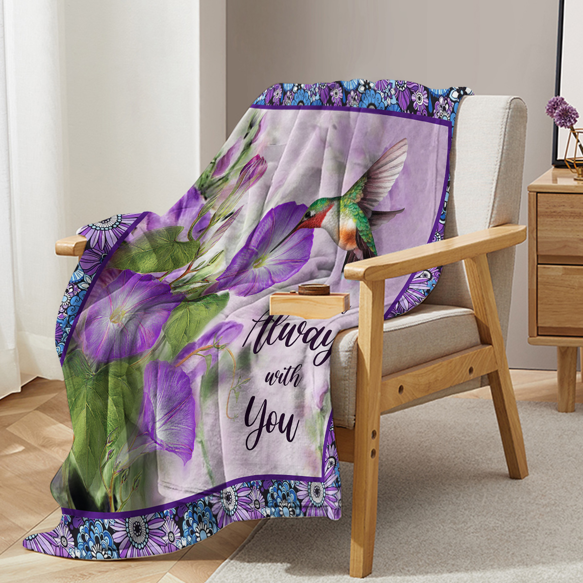 Manta de Felpa con Flor de Mañana Púrpura y Hummingbird, Muy Cómoda y Caliente para Tumbones, Cama, Camping y Uso Versátil en Diferentes Escenarios — imagen 3