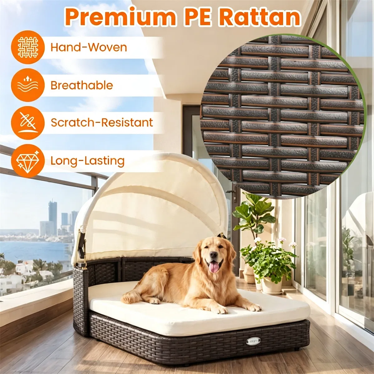 Hand-Woven PE Rattan Dog Bed with Adjustable Canopy, Elevated Outdoor Pet Daybed with Washable Plush Cushion, Anti-Slip Breathable Pet Shelter for Indoor Patio Garden-White — image 5