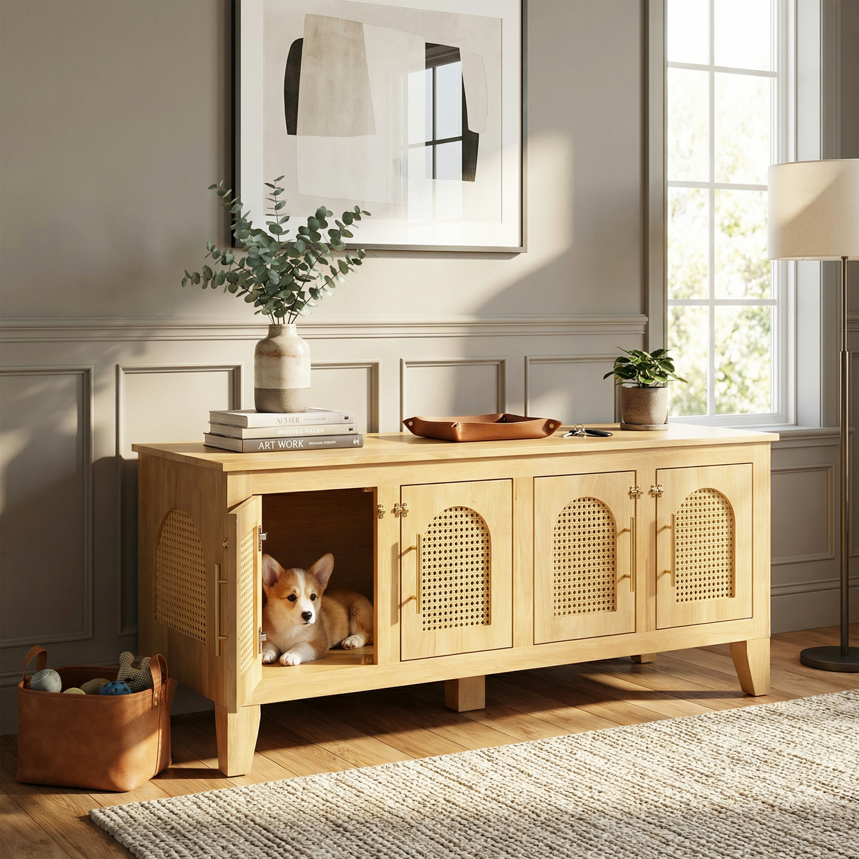 Lars Caja de Decoración para Perros en Madera de Caoba con Rattán - Estilo Pet Kennel con Almacenamiento y 4 Puertas para Salón — imagen 1