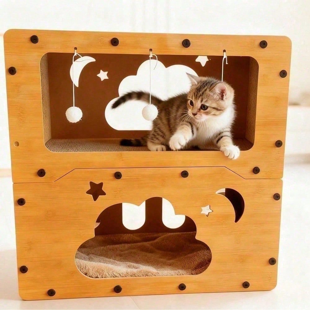 Casa Rascador para Gatos de Doble Capa en 2 Estilos, Nido Multifuncional de Cartón Corrugado, Villa Espaciosa, Cama Cueva para Gatos con Juguete de Bola Colgante, Resistente al Desgaste, Casa para Gatos de Interior para Afilar Uñas — imagen 11