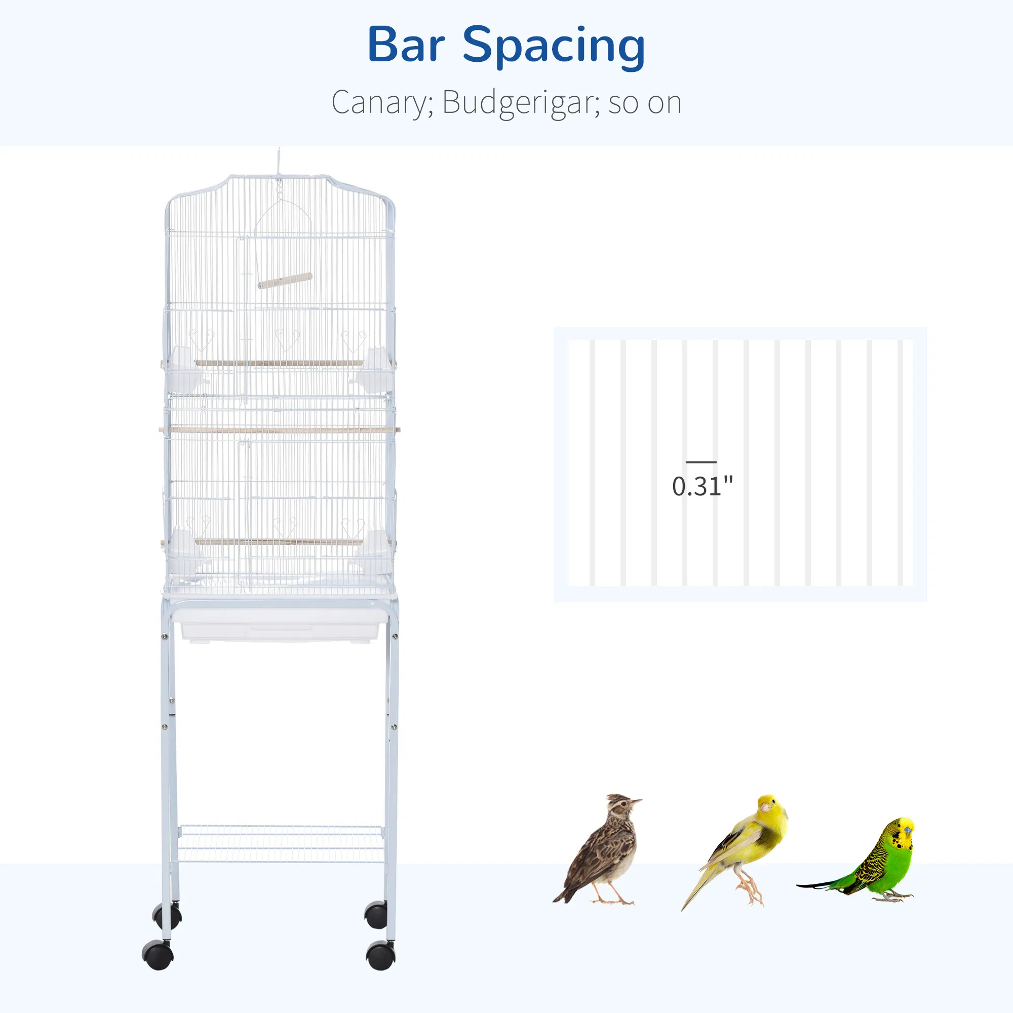 62" Rolling Bird Cage Cockatoo House Play Top Finch Pet Supply with Storage Shelf, Wheels - White — image 5