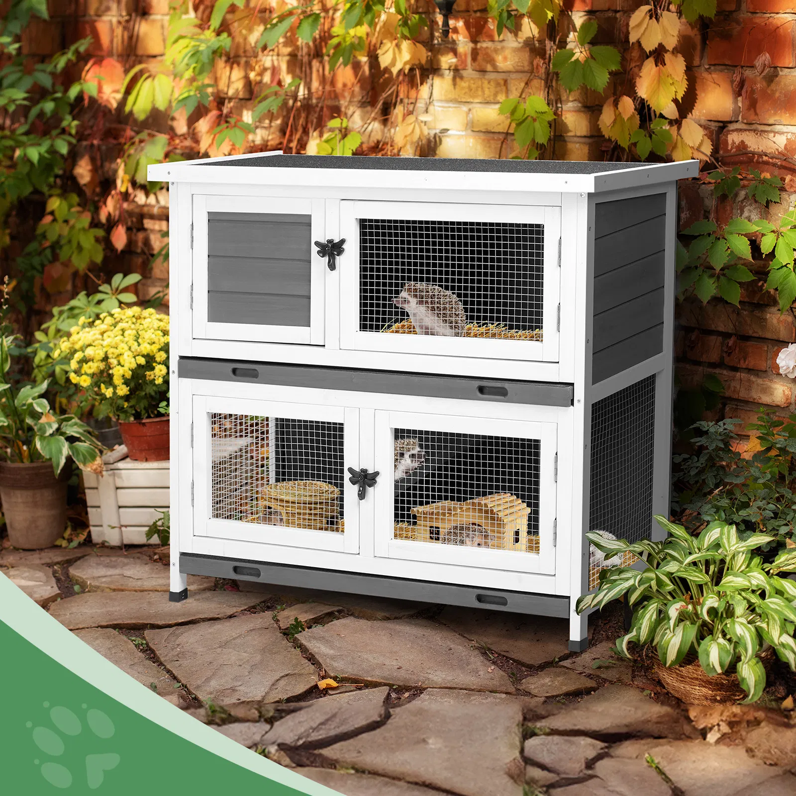 2 Story Solid Wood Rabbit Hutch Bunny Cage with 2 Large Main Rooms, Indoor Outdoor Rabbit House Guinea Pig Cage Pet House for Small Animals with 2 Removable Trays, Grey — image 9