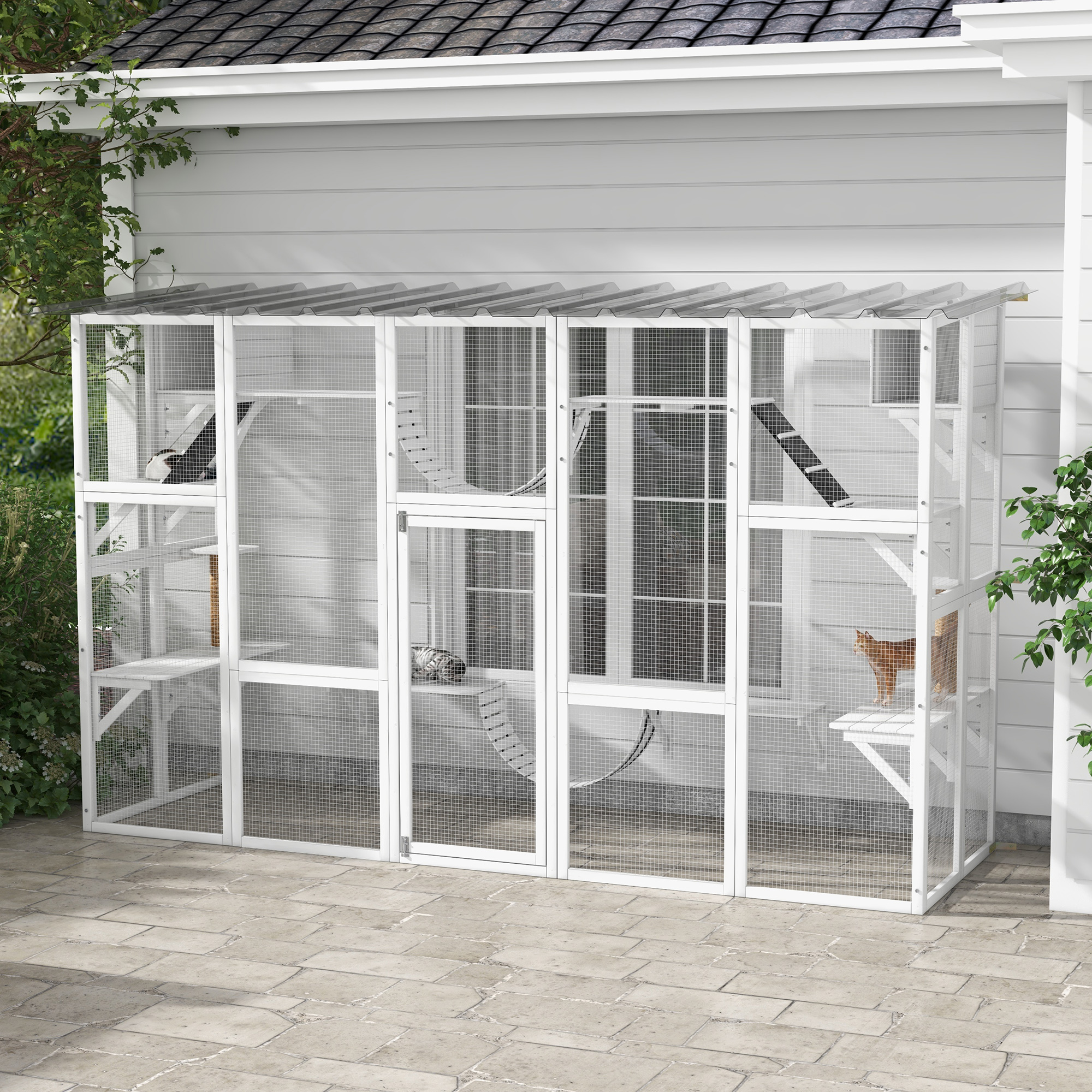 118" Gran Catio al Aire Libre para Gatos con Condominios, Puentes y Postes, Blanco — imagen 1