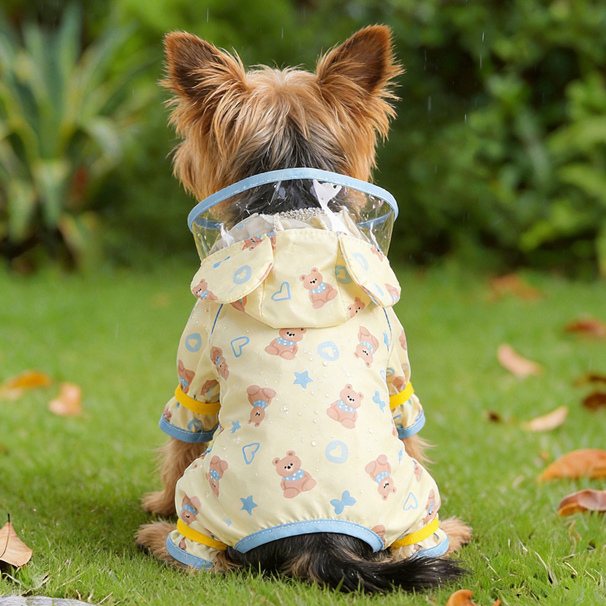 Cute Yellow and Blue Bear Pet Raincoat for Small Dogs, Four-Legged Waterproof Dog Rain Poncho — image 5