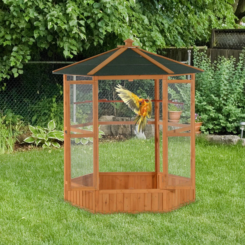 PawHut 69 Wooden Hexagonal Outdoor Aviary Flight Bird Cage With Covered Roof, BrownFor Multiple Packages, Please Pay Attention To The Detailed Dimensions And Weight Of Each Package — image 9