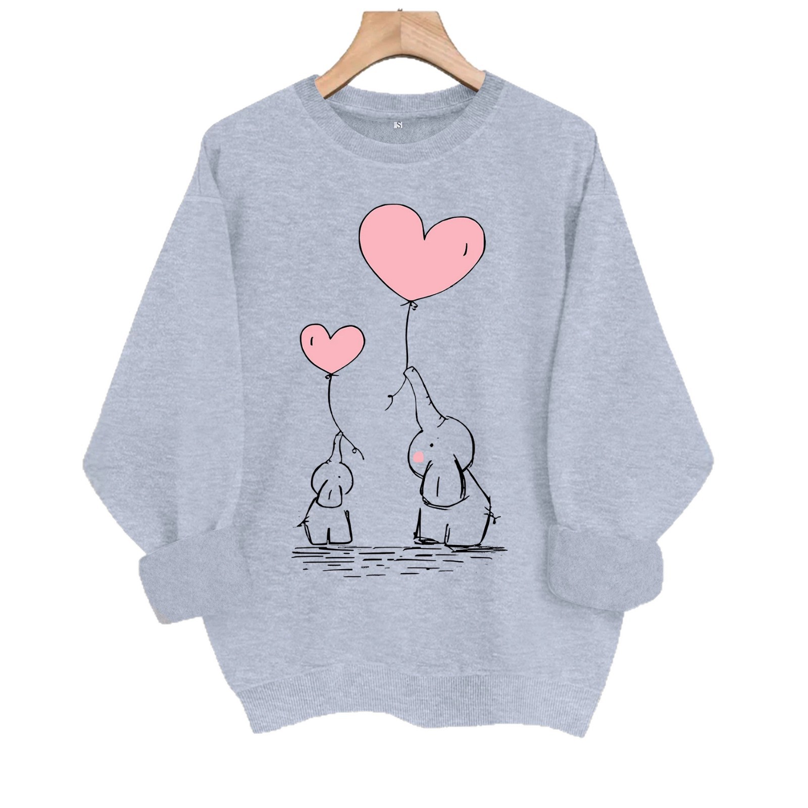 Round neck hoodie with female elephant and pink heart print — image 1
