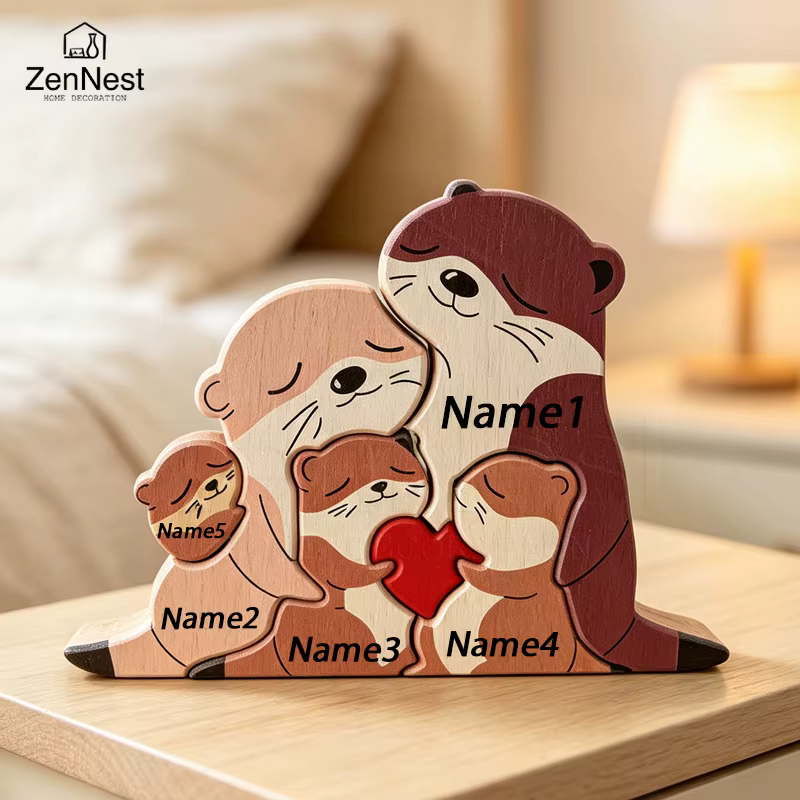 Cute Otter Family Wood Puzzle Ornament Red Heart Tabletop Decor Mother's Day Christmas Birthday Home Office Souvenir Gift — image 2