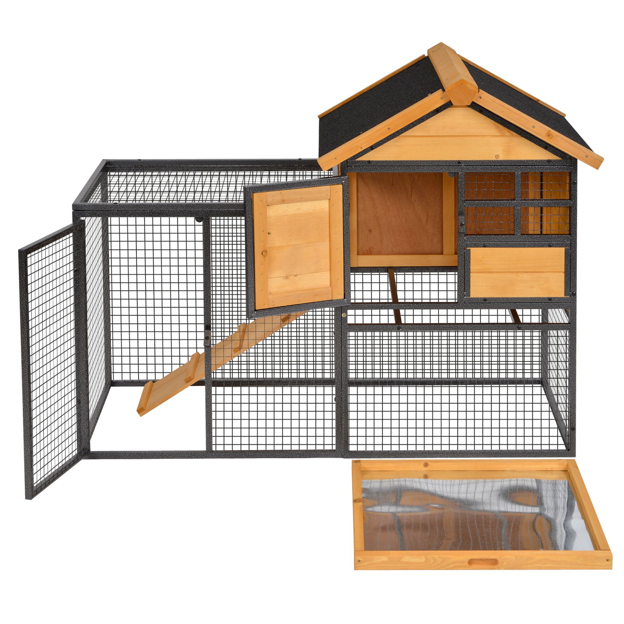Casa para Conejos Exteriores con Accesorio de Deslizamiento y Piso Elevado, Madera Natural y Negro — imagen 3