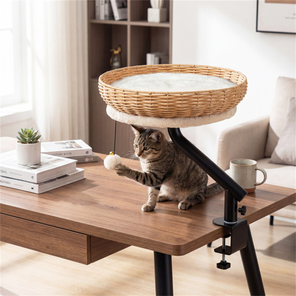 Cama-Percha de Escritorio para Gatos Giratoria 360°, Refugio 2 en 1 para Espacio de Trabajo con Pelota de Cascabel, Natural Negro Blanco — imagen 5