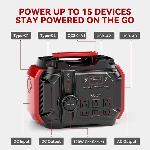 Estación de Energía Portátil GOFORT 540Wh/500W (Pico 1000W) 6 x Salidas AC 110V PD 60W Generador Solar Portátil para CPAP Batería Apoyo en Emergencias Para Camping Al Aire Libre RVRodante Pesca — imagen 2
