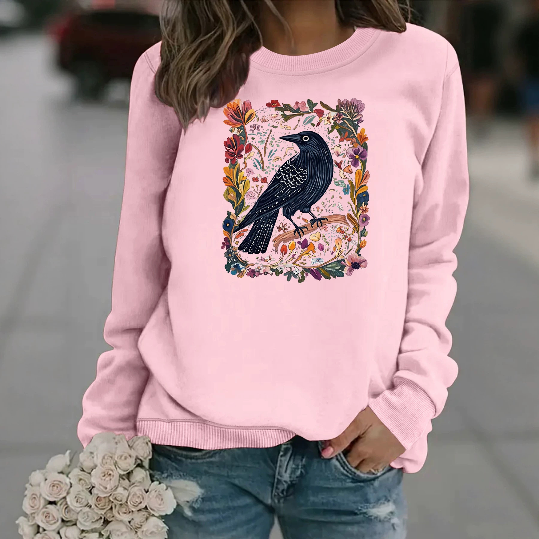 Crow print round neck fleece hoodie — image 5