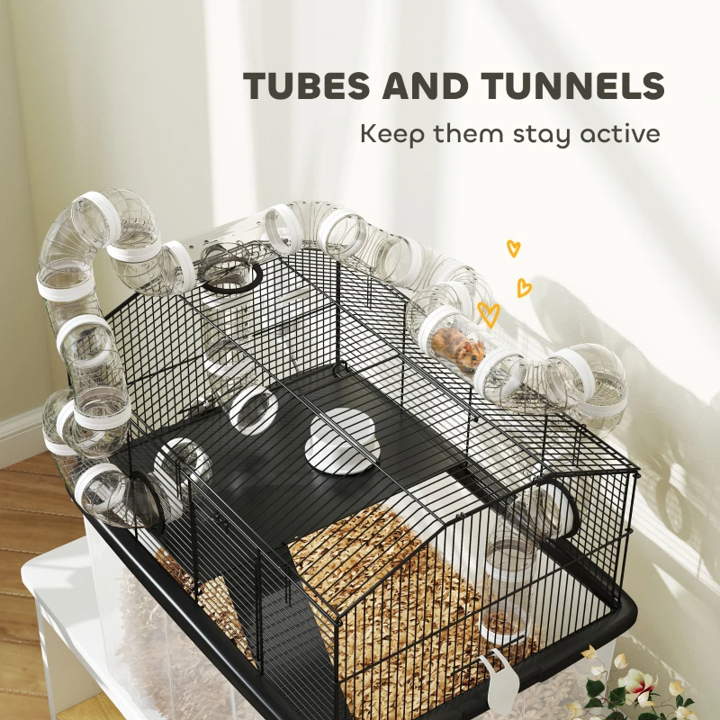 2 Tier Hamster Cage With 12 Deep Tray, Tube System, Water Bottle, Ramp, Feeding Bowl, Black — imagen 3