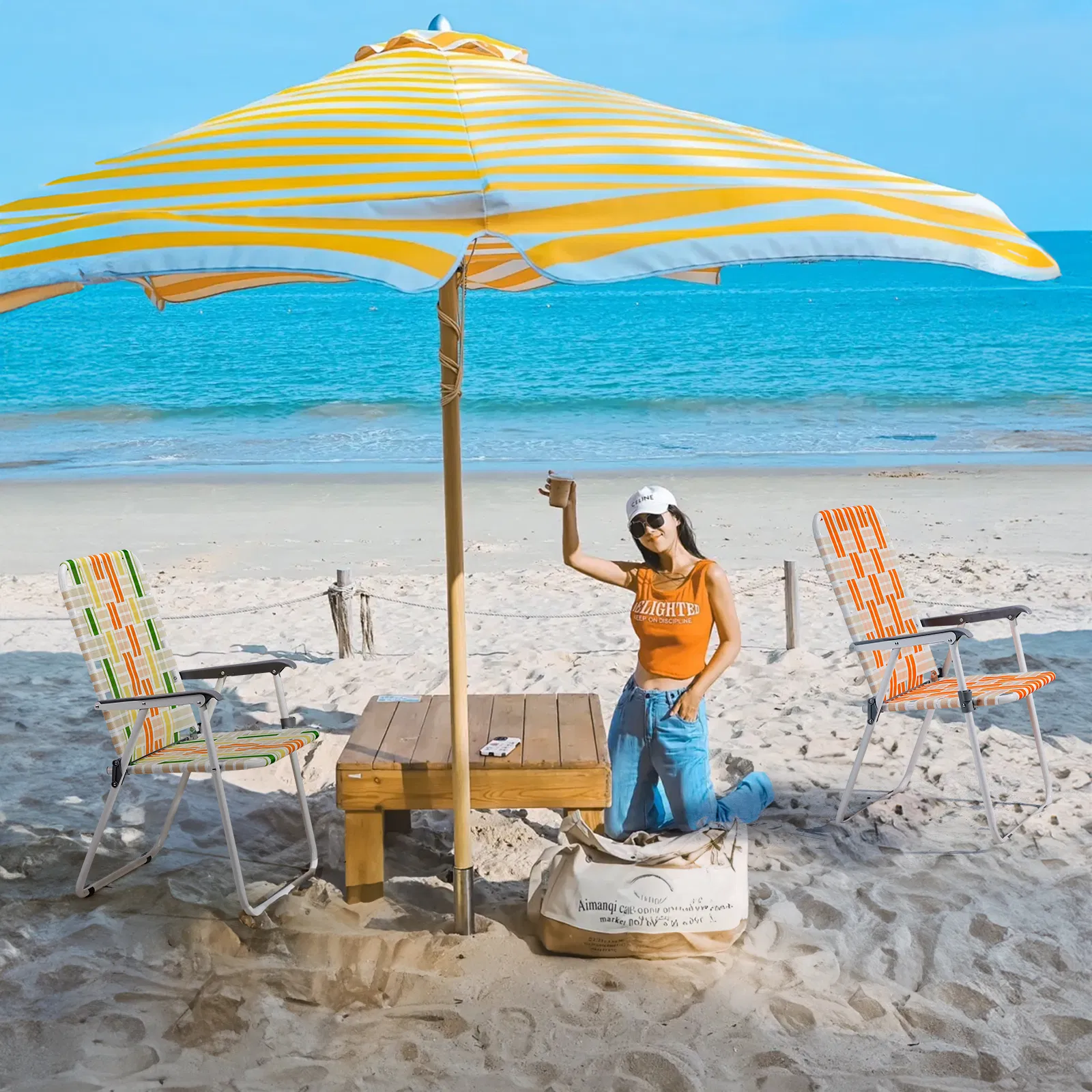 Set of 2 Webbed Folding Beach Chairs, Outdoor Patio Lawn Foldable Chairs for Camping Fishing Yard Poolside BBQ, Orange & White — image 2