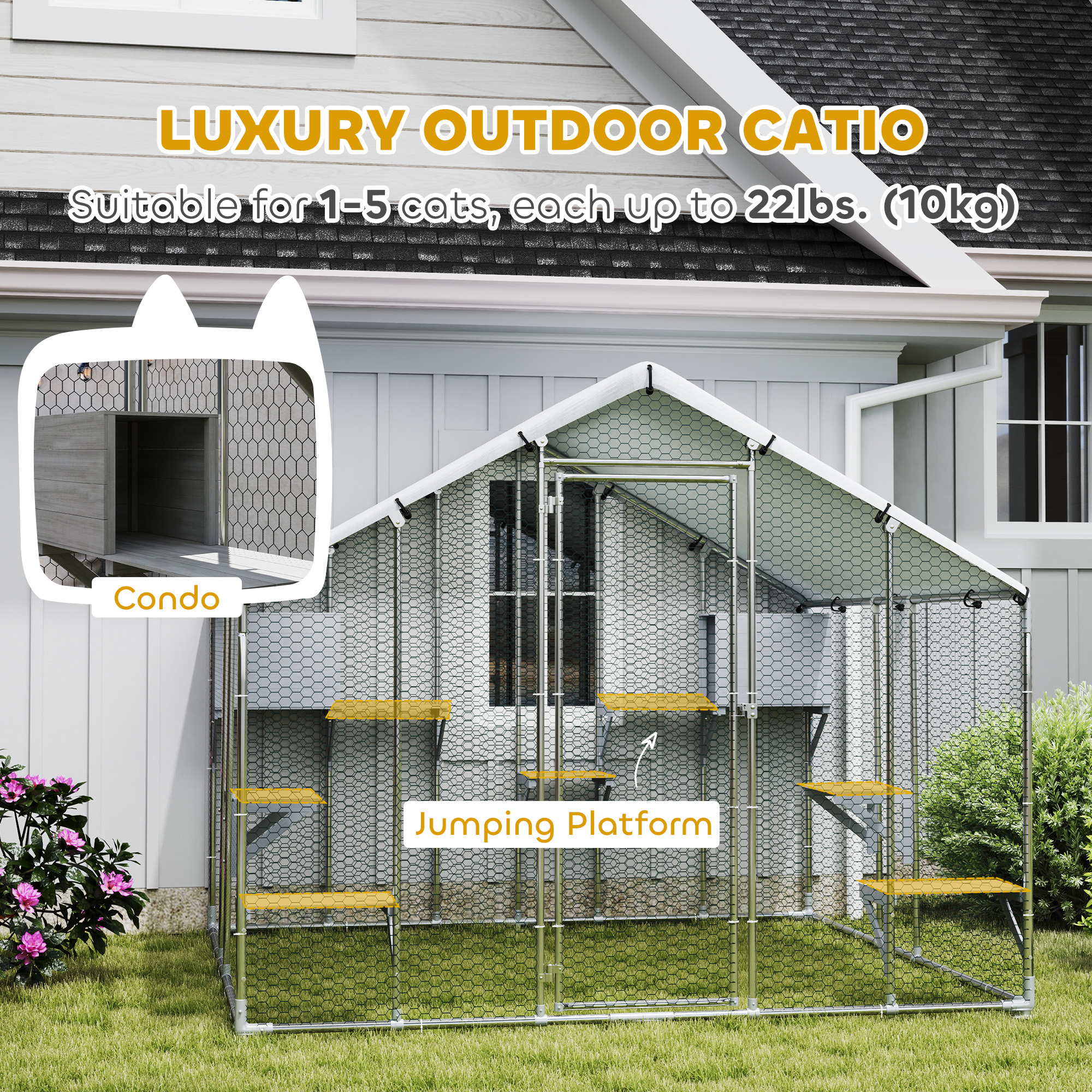 Catio Metálico Exterior Extra Grande de 95" con Cubierta Impermeable, 2 Cajas de Descanso, 7 Plataformas para Saltar, para Múltiples Gatos — imagen 4