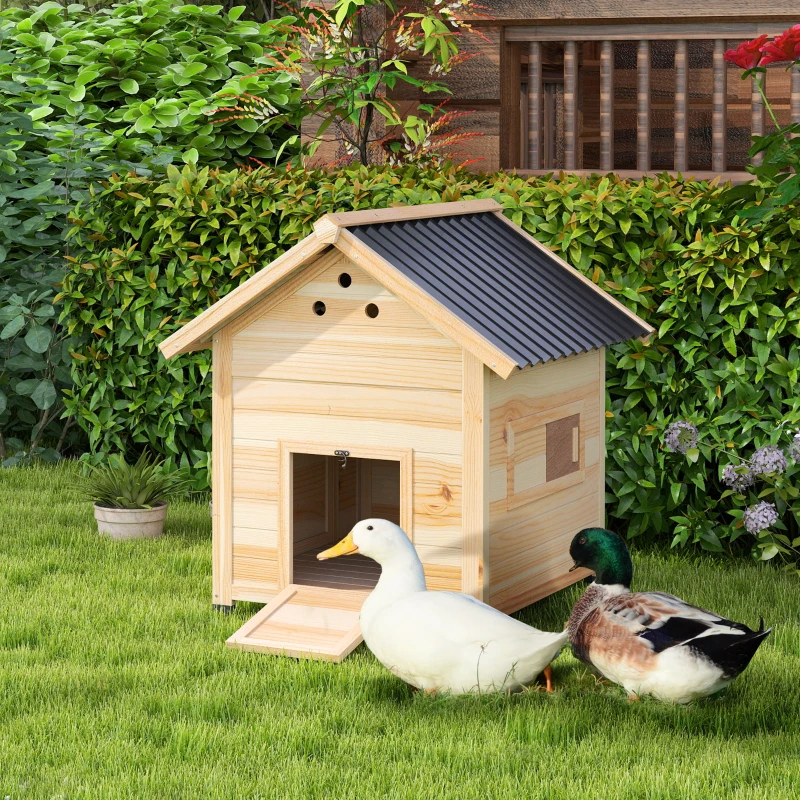 Duck Coop, Wooden Duck House With Openable Roof & Double Doors, Natural Wood — imagen 11