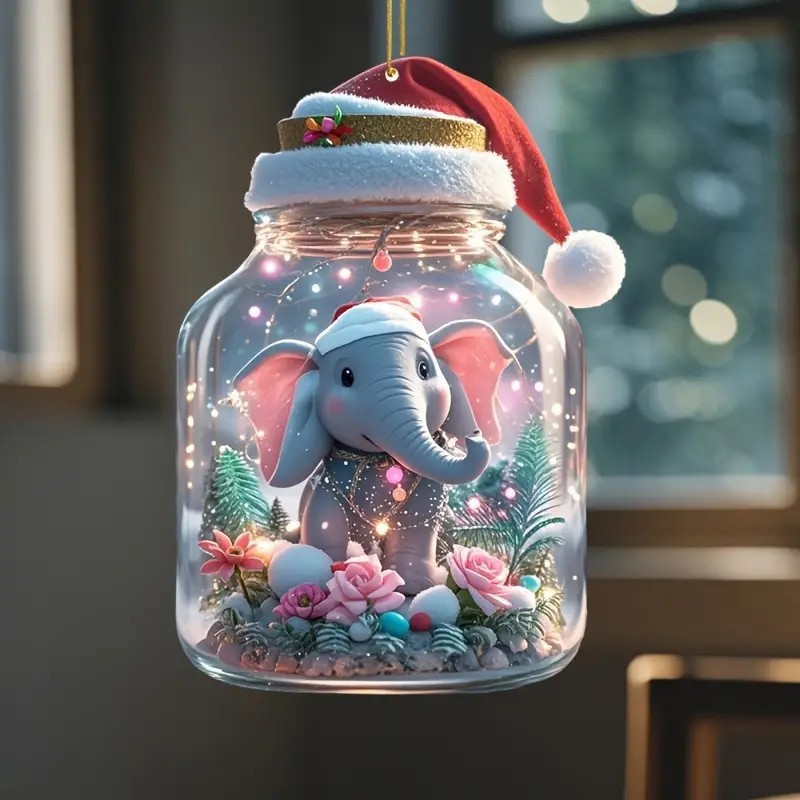 2D New Christmas Hat Cute Elephant Acrylic Flat Pendant Car Rearview Mirror Ornament Christmas Tree Decoration — image 4