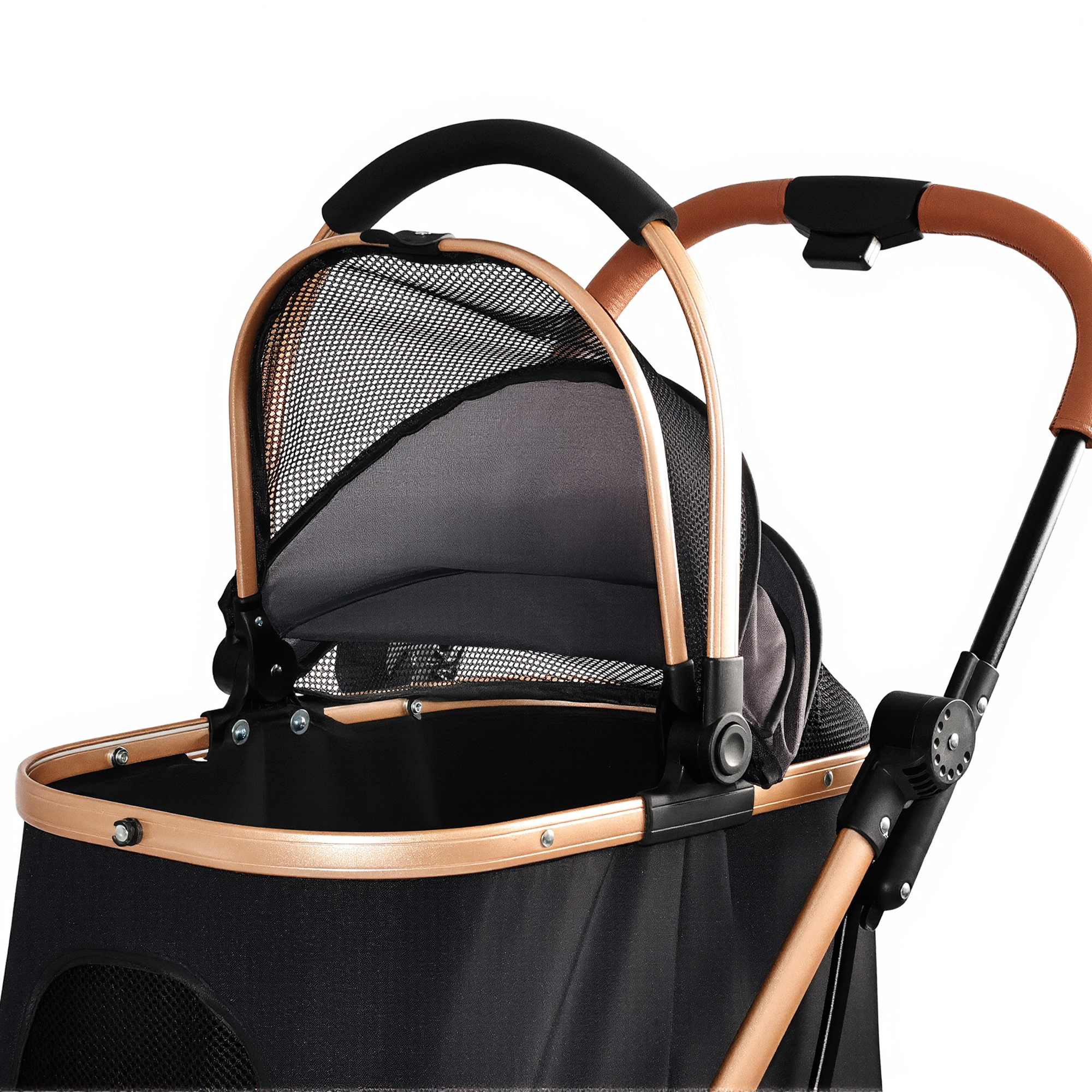Pet Stroller for Dogs and Cats, 2-in-1 Detachable Foldable 4 Wheels Pet Stroller, Quick One-Hand Fold, Storage Basket, Detachable Carry Basket with Sun Canopy(Black+Gold) — image 7