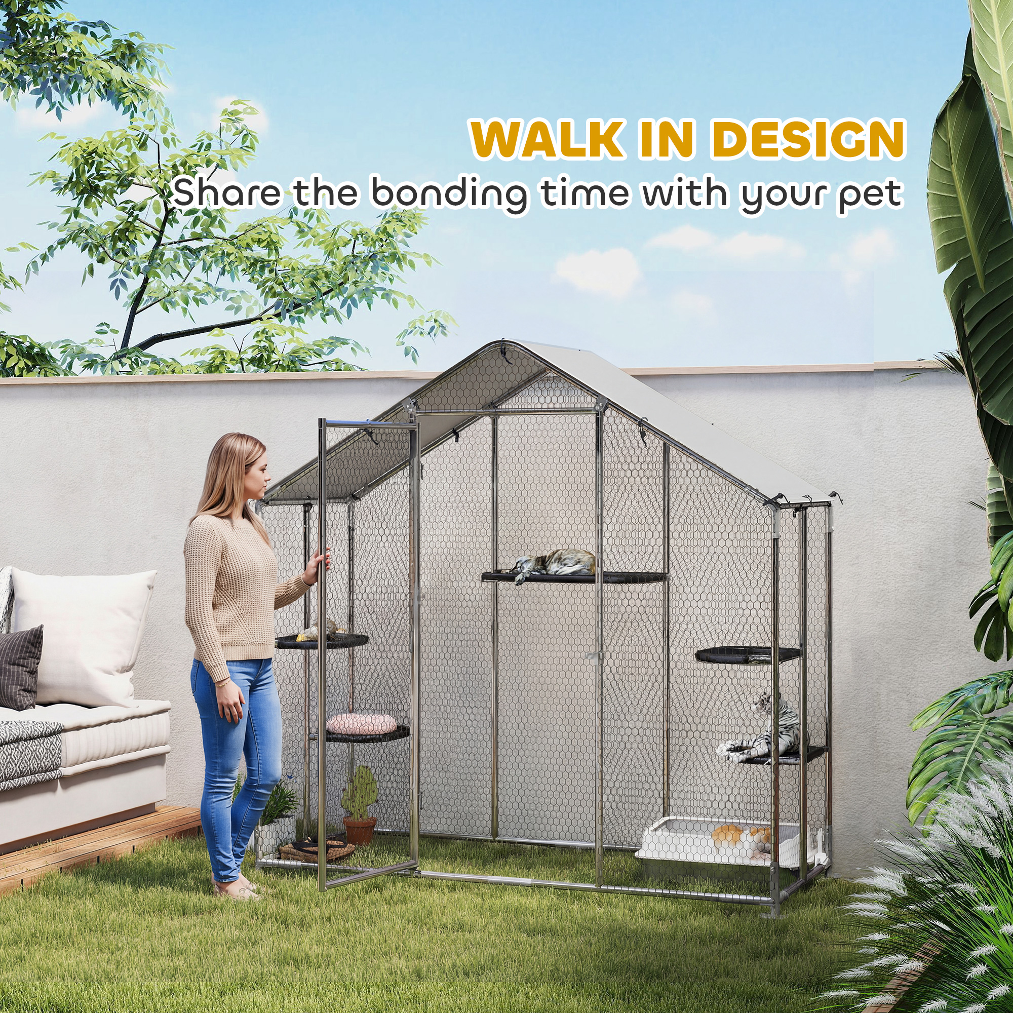Catio al aire libre grande para gatos con cubierta impermeable, patio para caminar con 5 plataformas ajustables y hamaca — imagen 2