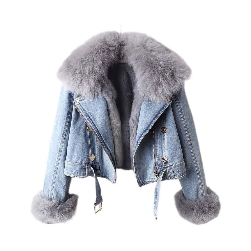 Chaquetón de Denim con Línea Removible de Pelo de Zorro y Conejo — imagen 3