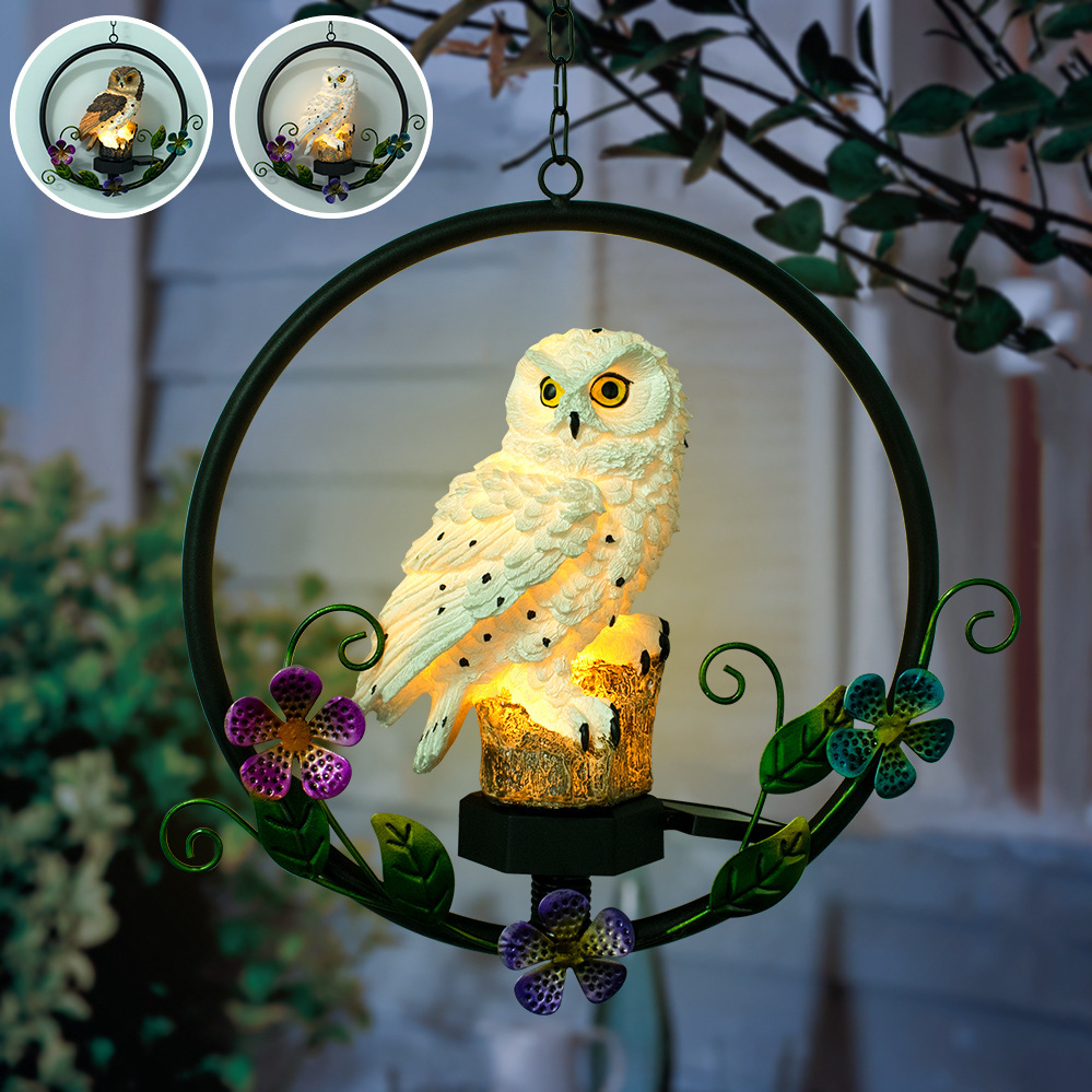 Owl Solar Resin Wrought Iron Hanging Light Outdoor Garden Wind Chime Light LED Landscape Decoration Pendant Light — image 1
