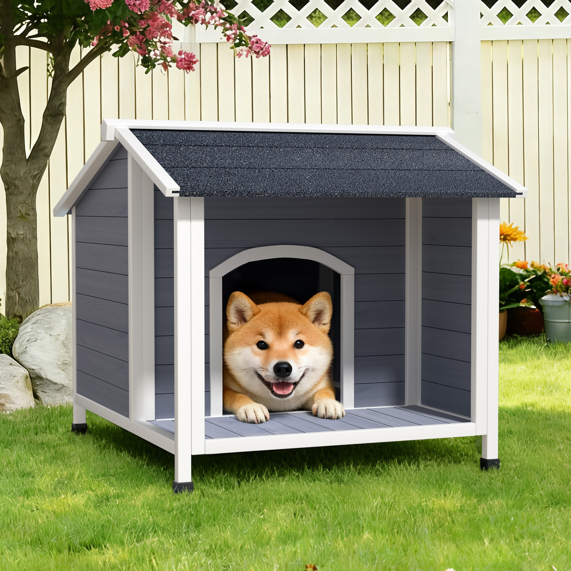 Casa de Perro Exterior, Refugio de Madera Resistente al Tiempo con Techo de Asfalto, Diseño de Piso Elevado, Montaje Fácil, Para Perros Pequeños a Medianos — imagen 4