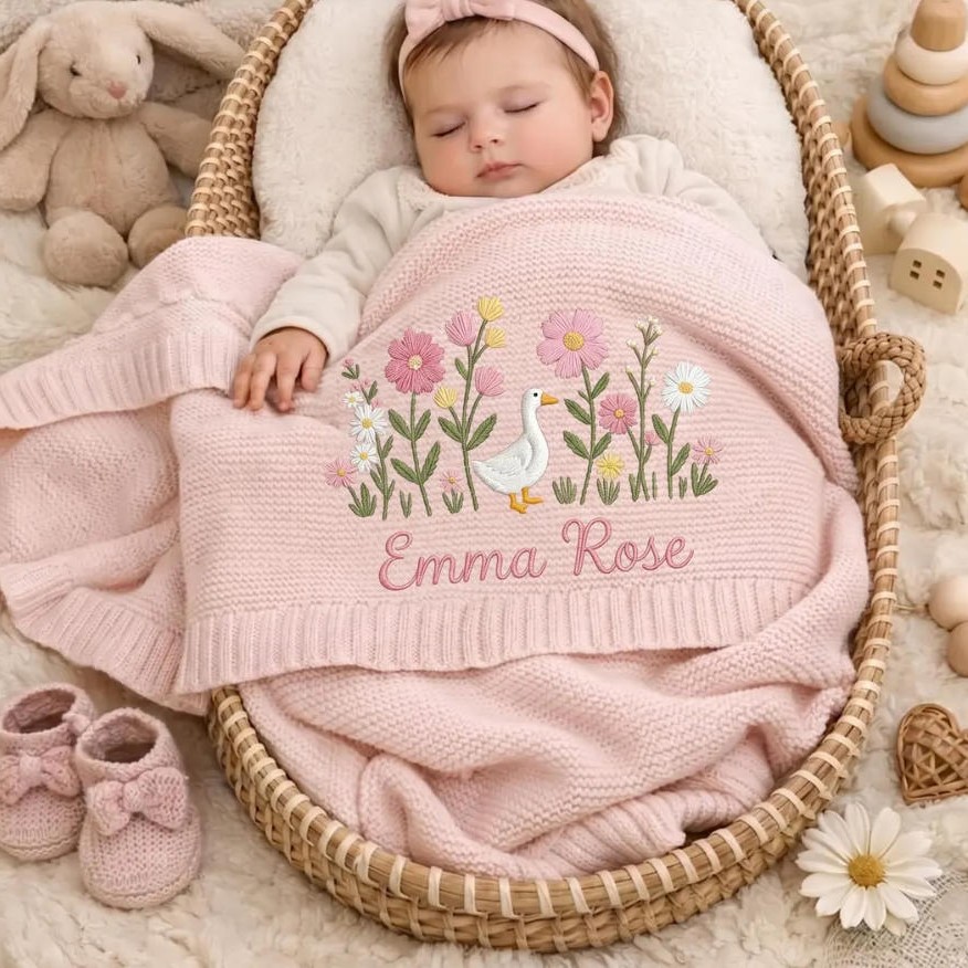 Cotton Knitted Baby Blanket with Embroidered Bear and Personalized Name, Soft Infant Car Seat Cover and Nap Blanket — image 1