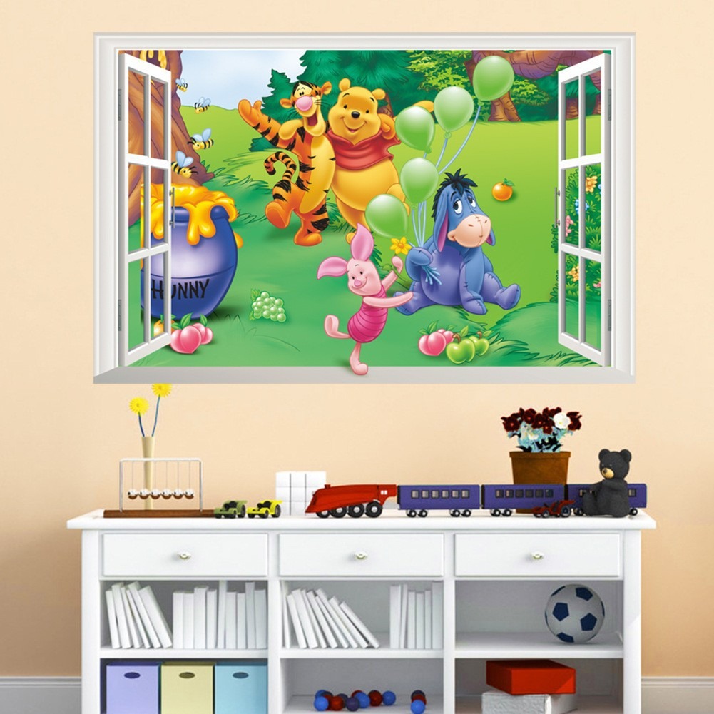 Cartoon teddy bear fake window, children's room, bedroom decoration, removable waterproof wall sticker — image 1