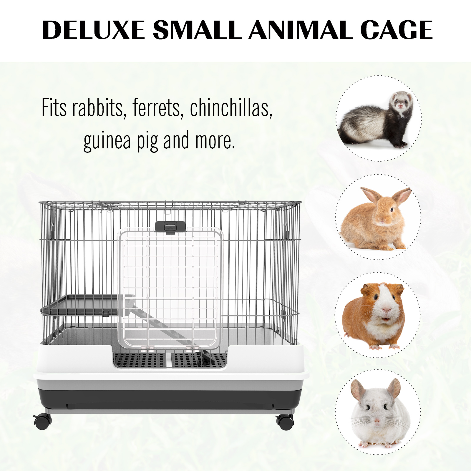 Jaula para Animales Pequeños de 2 Niveles, Conejera con Ruedas, Bandeja Removible, Plataforma y Rampa Para Conejos, Chinchillas, Hurones, Negro — imagen 6