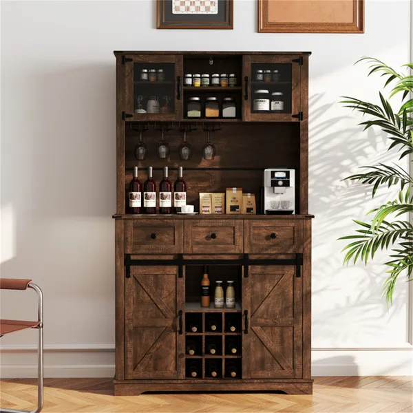 Armario de Pantry Farmhouse marrón de 72" con Hutch, Puertas de Cerradura y Estantería para Vino — imagen 4
