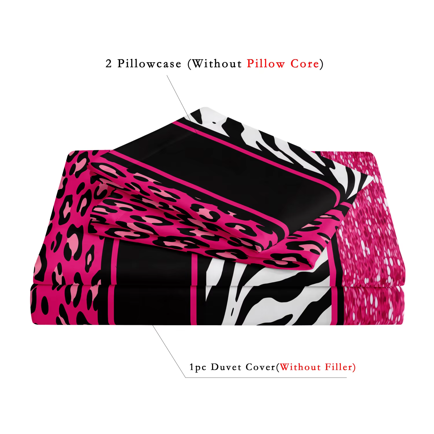 Set de Funda de Edredón de 3 Piezas en Estampado de Leopardo Rojo, Rojo Rosado y Rayas de Cebra Negra con Acabado Brillante, Elegante, Suave y Cómodo — imagen 5