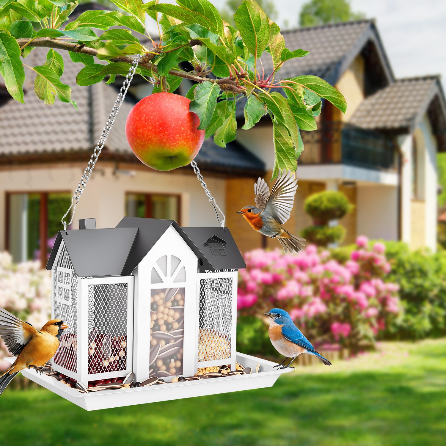 Casa de Comida para Pájaros Colgante Clásico Estilo Granja con Ventana Visible y Tapete Superior de 15,75 Pulgadas — imagen 12