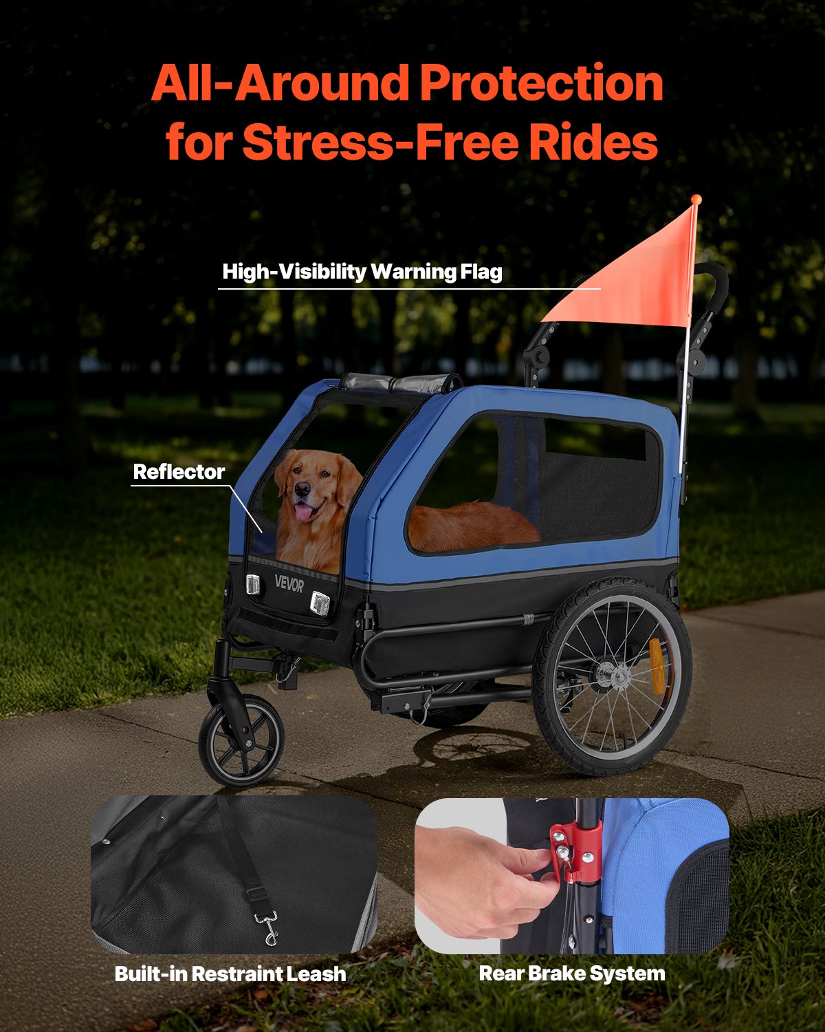 Dog Bike Trailer, Supports Up To 88 Lbs, 2-in-1 Pet Stroller Cart Bicycle Carrier For Small & Large Dogs, Easy Folding Frame With Quick Release Wheel, Universal Bicycle Coupler, Internal Leash — imagen 3