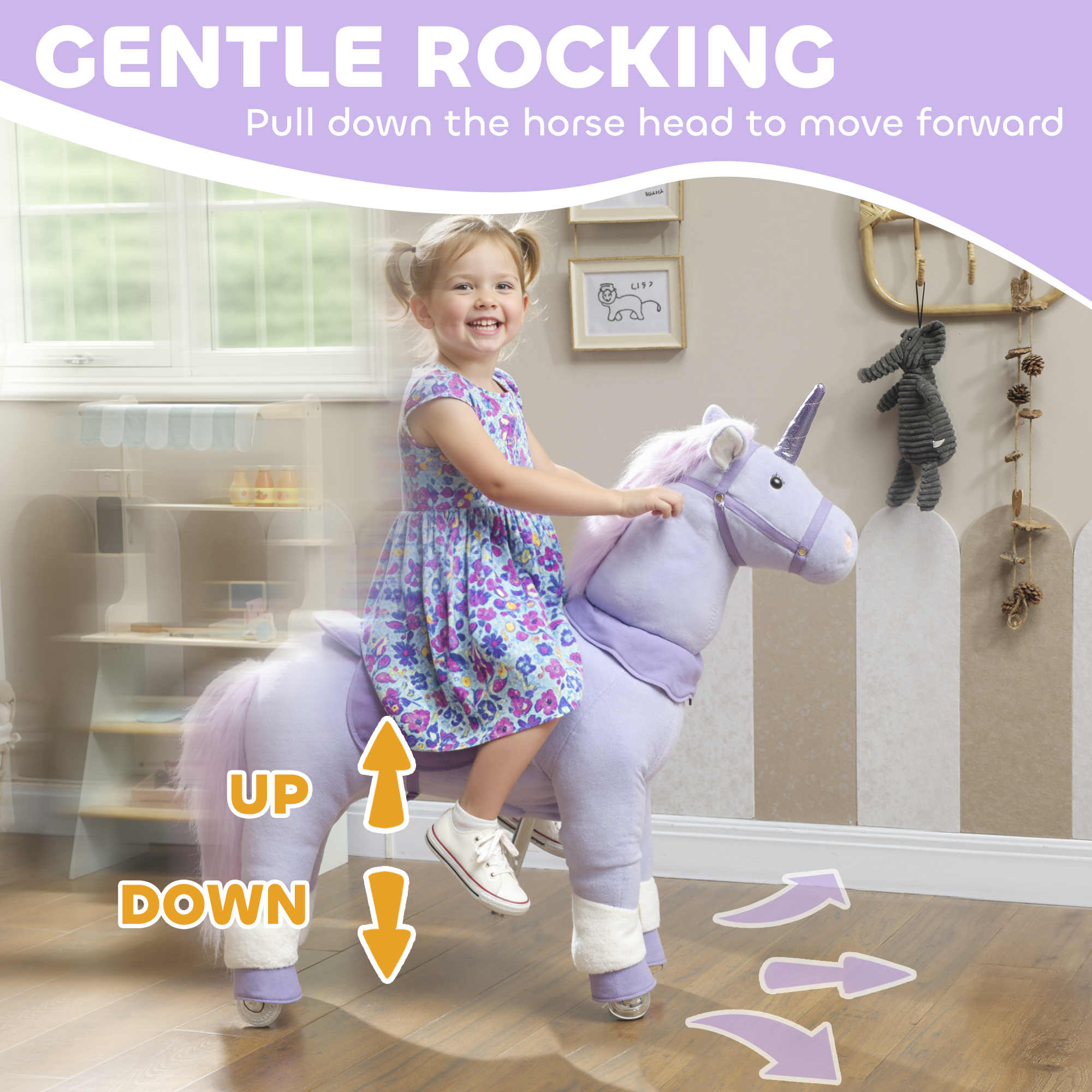Ride on Unicorn Toy for Kids 4-7 Years, 37.8 Inch Plush Baby Rocking Horse with Wheels, No Battery Required, Purple — image 6