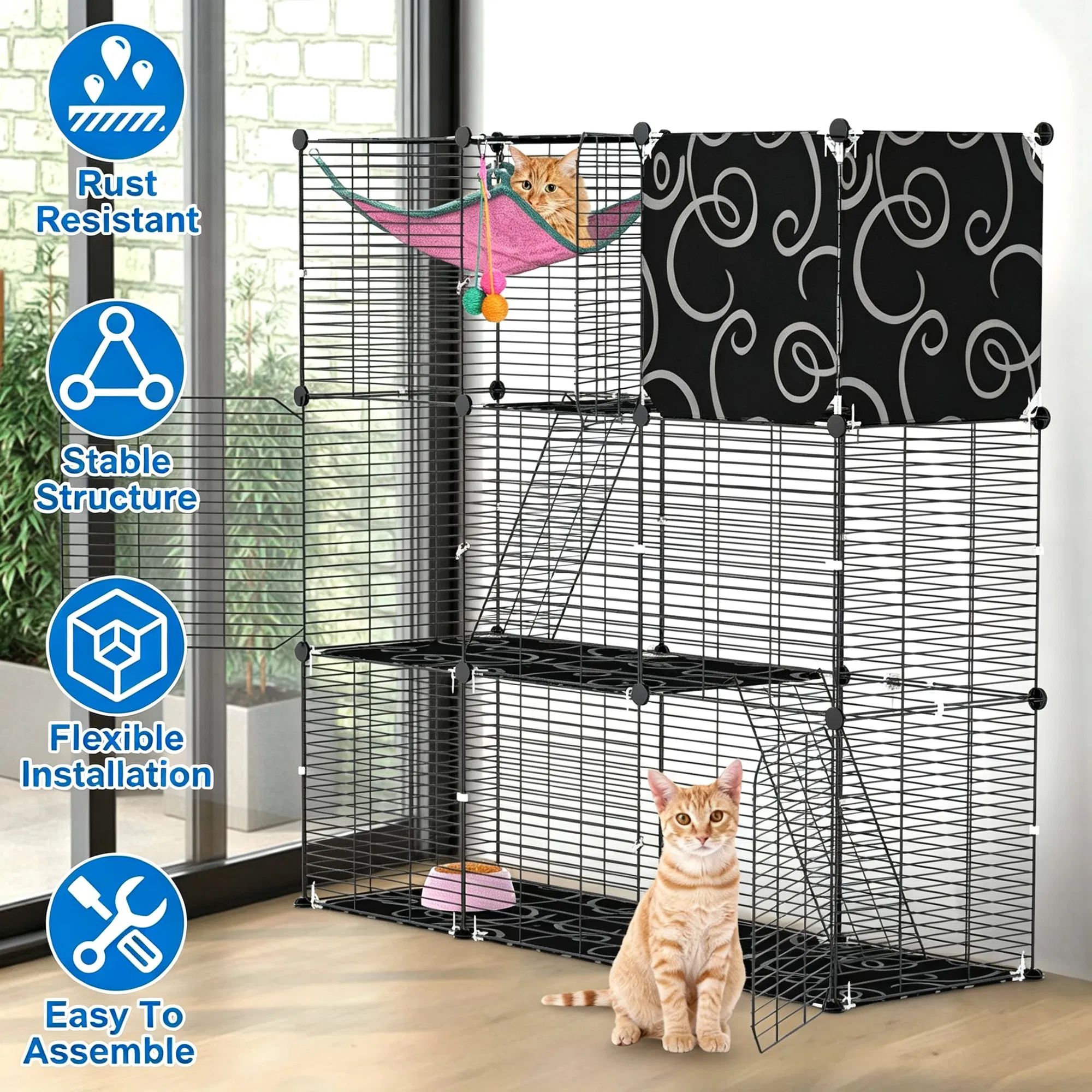3-Level Metal Cat Cage Enclosure, Modular Pet Habitat with 3 Doors, 2 Ladders, Plush Hammock and Toy Ball for Small Indoor Animals — image 1