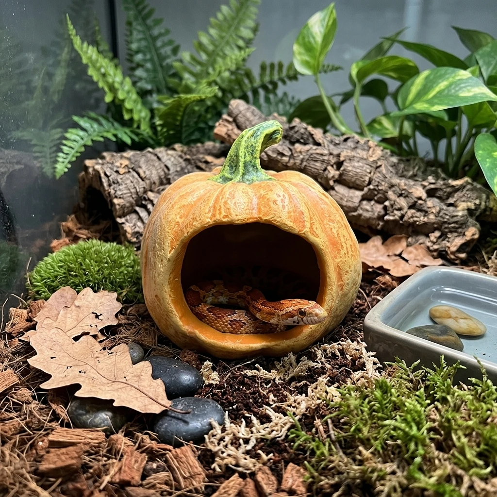 Cueva de Calabaza de Resina para Reptiles con Base Antideslizante - Decoración para Terrario para Gecko de Piel y Serpiente Corn