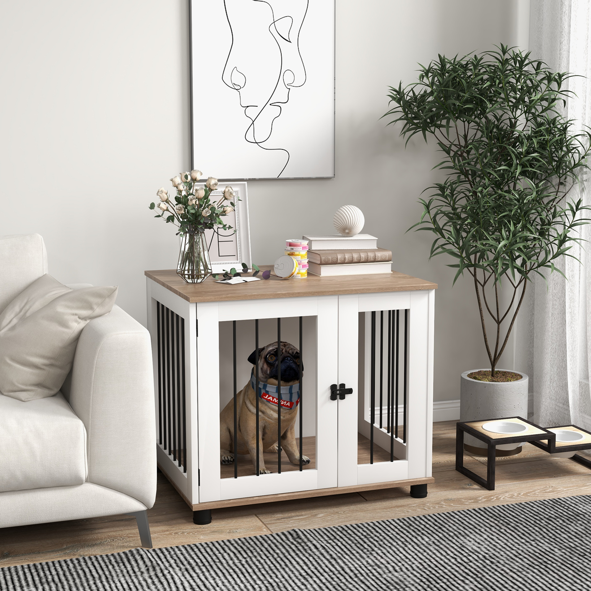 PawHut Caja de Perro para Interior, Mueble con Mesa y Puerta Conexión para Canes Pequeños y Medianos, Madera Walnut Marrón — imagen 1