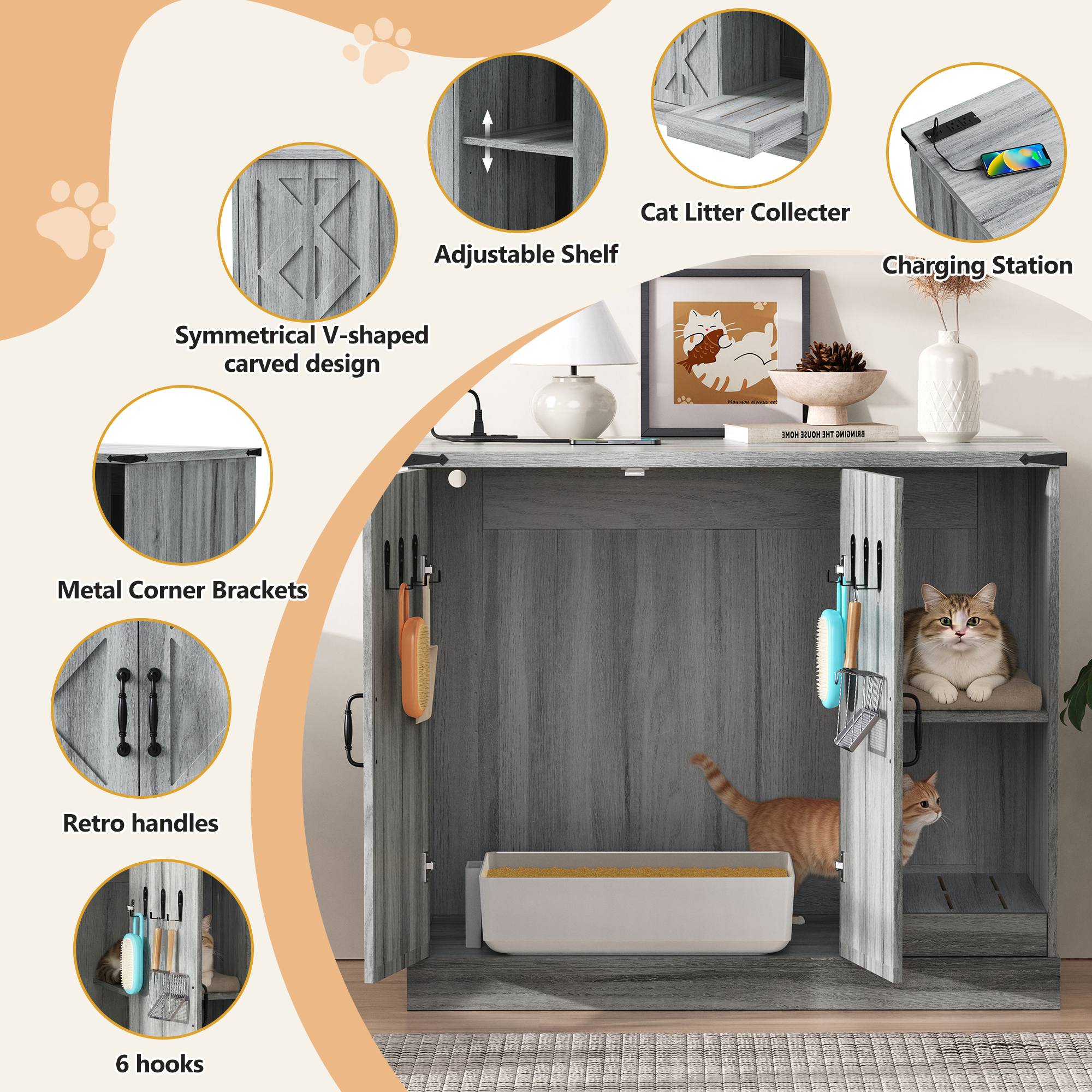 Cat Litter Box Cabinet With Power Outlet, Modern Litter Box Furniture For Large Automatic Litter Boxes, Hidden Litter Box Enclosure With Litter Catcher, Adjustable Storage Shelves, Gray — image 4