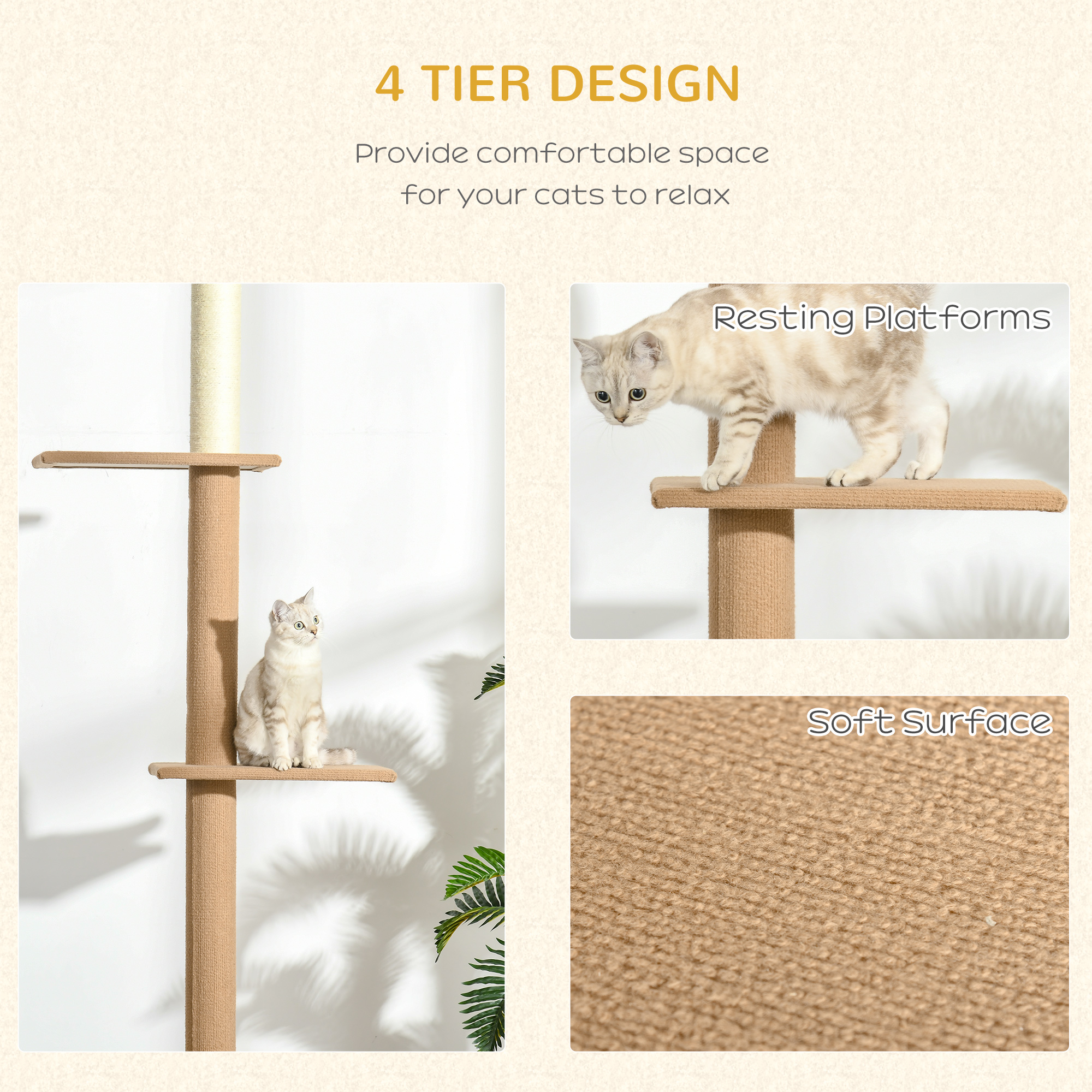 Árbol de Gatos desde el Suelo hasta el Techo con Postes de Rastrillado en Piel de Sisal Centro de Actividad para Gatos Naturales, Color Madera Claro — imagen 5