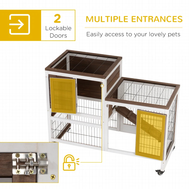 PawHut Wooden Rabbit Hutch Elevated Bunny Cage Indoor Small Animal Habitat With Enclosed Run With Wheels, Ramp, Removable Tray For Rabbits, Chickens, Ducks, Guinea Pigs, Brown — imagen 9